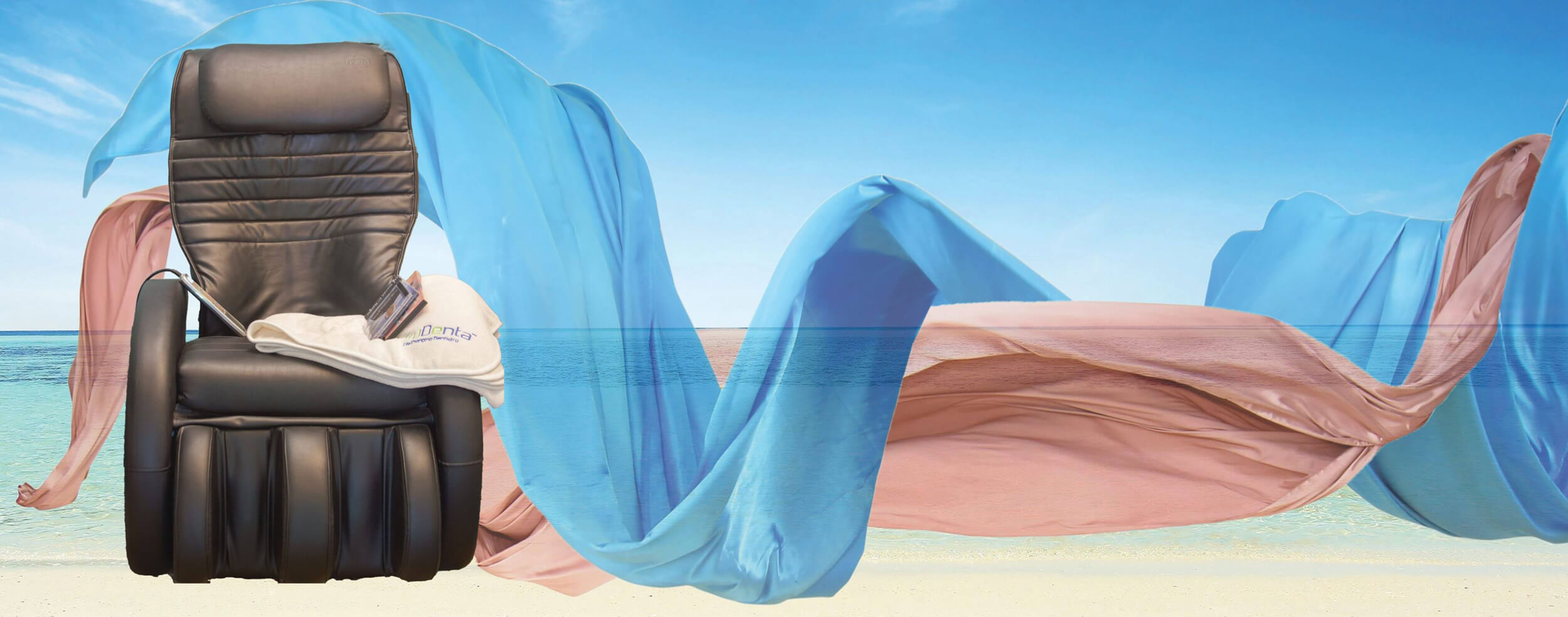brand image for NCCDE showing dental chair on the beach with scarves